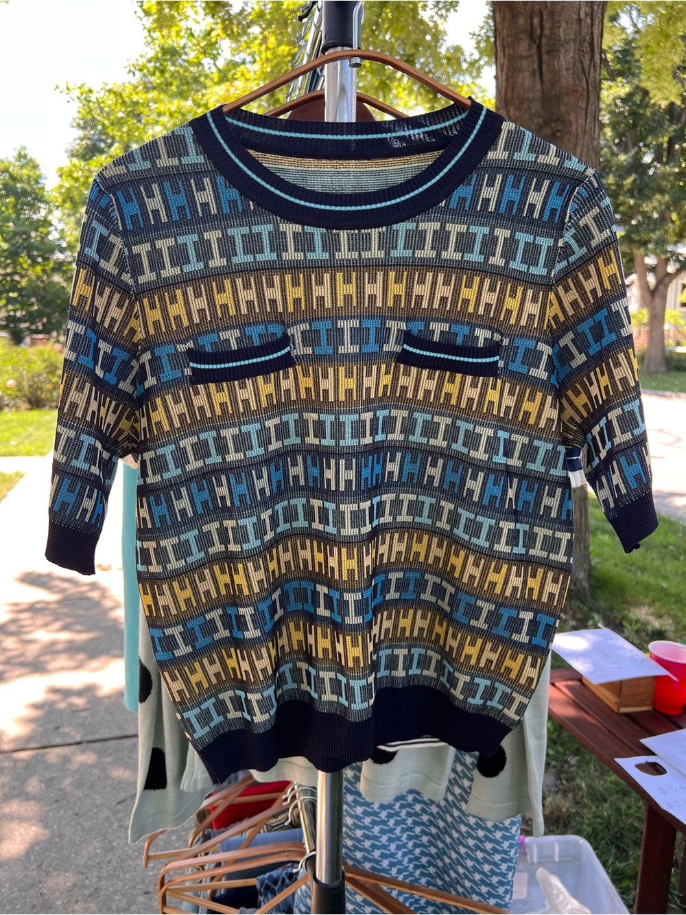 Men's Short-Sleeve Patterned Sweater - Blue, Yellow, Gray